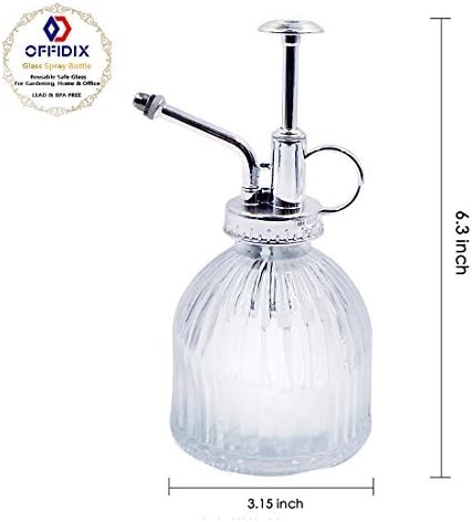 OFFIDIX Glass Spray Bottle for Plants, 6.3" Tall Vintage Style Spritzer with Bronze Plastic Silver Color Top Pump Glass Watering Can for Pet Clearing (Transparent)