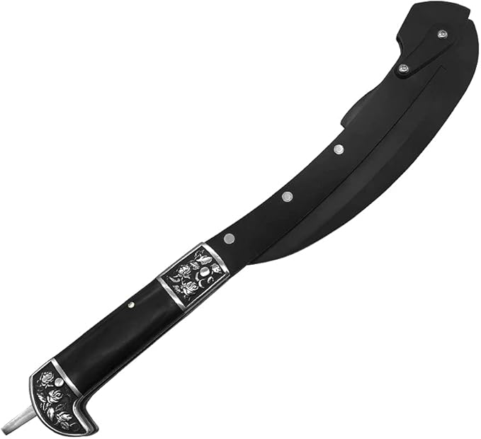 All-Black Sharp Edge Folding Scythe with Wooden Handle - Two Section Safety Sickle Knife for Grass Scythe and Grass Sickle, Foldable Garden Tool with Sheath