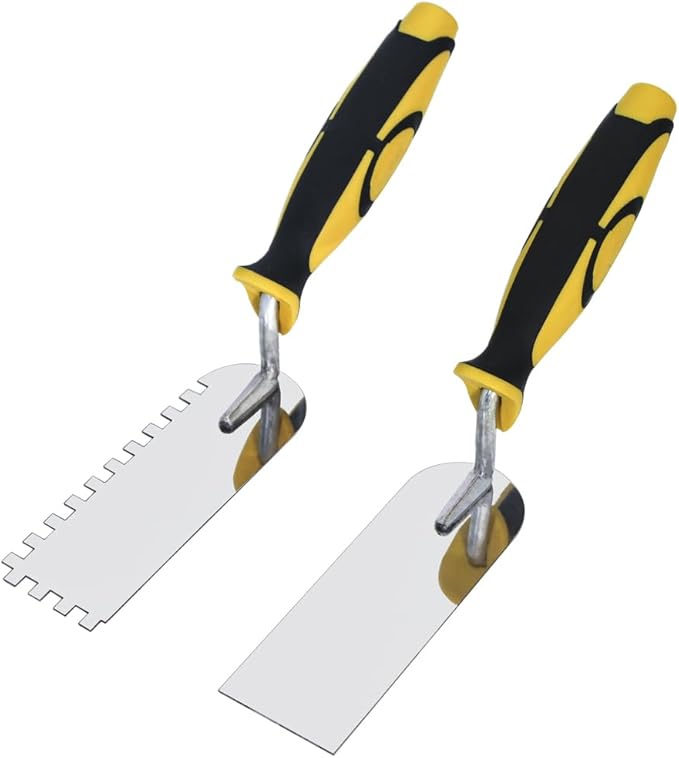 Concrete Tile Tools Set Stainless Steel Flat Plus Square-Notched Margin Trowel (Notch Size: 1/4", Overall Size 6" x 2") Stucco Cement Finishing Drywall Plastering Kit Masonry Construction Hand Tool