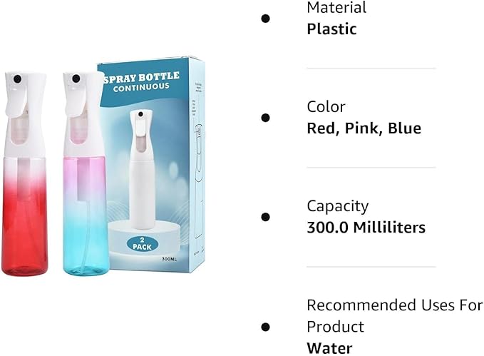 (2 Packs) Hair Spray Bottles, Continuous Water Mister Spray Bottle Empty for Hairstyling, Skin Care, Cleaning and Plant Spraying, 300ml/ 10 Oz (ORANGE+BLUE)