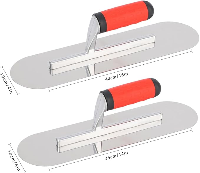 2Pcs Pool Trowel Set Stainless Steel Concrete Tools, Large Size Includes 16'' x 4'', 14'' x 4'' Masonry Hand Tool with Soft Grip Handle, Lightweight,Plastering Trowel for Drywall Plastering