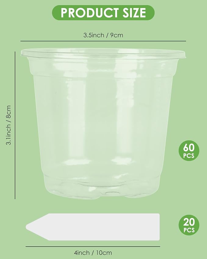 PACETAP 60Pack 3.5 Inch Reinforced Clear Nursery Pots with Drainage Holes, Variety Pack Plastic Plant Pots with 20 Plant Labels for Indoor Outdoor Flower Seed Starter