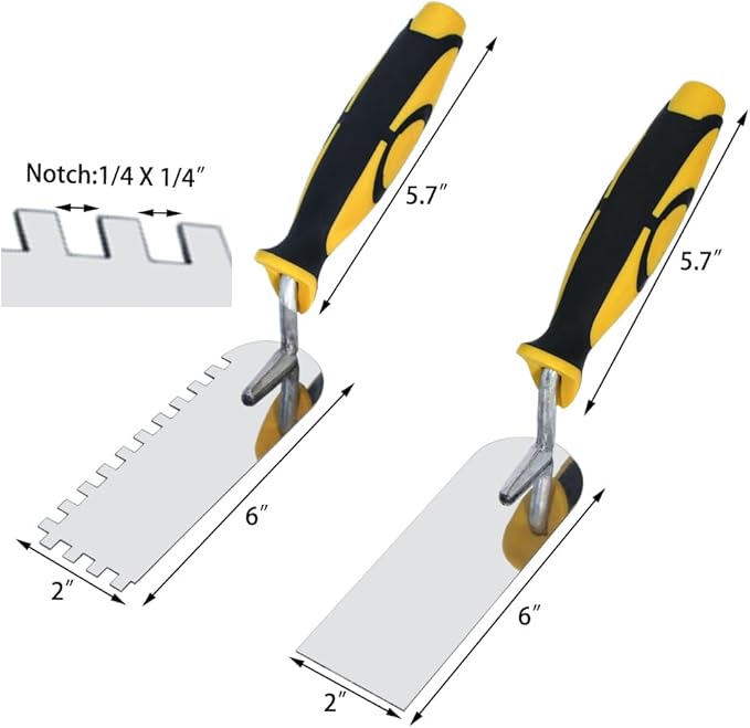 Concrete Tile Tools Set Stainless Steel Flat Plus Square-Notched Margin Trowel (Notch Size: 1/4", Overall Size 6" x 2") Stucco Cement Finishing Drywall Plastering Kit Masonry Construction Hand Tool