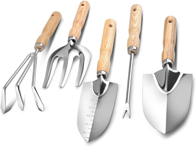 5-Piece Garden Tool Set, Heavy-Duty Rust-Resistant Stainless Steel with Ergonomic Non-Slip Wooden Handles – Durable Gardening Tools Gift, Includes Trowel, Transplanter, Hand Fork, Cultivator & Weeder