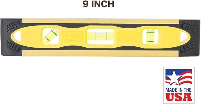 Mayes 10790 Magnetic Torpedo Level, Made in USA for Leveling Pipes and Metal Surfaces, 9 Inch, V-Groove Base, 3 Acrylic Vials, Extruded Aluminum Frame