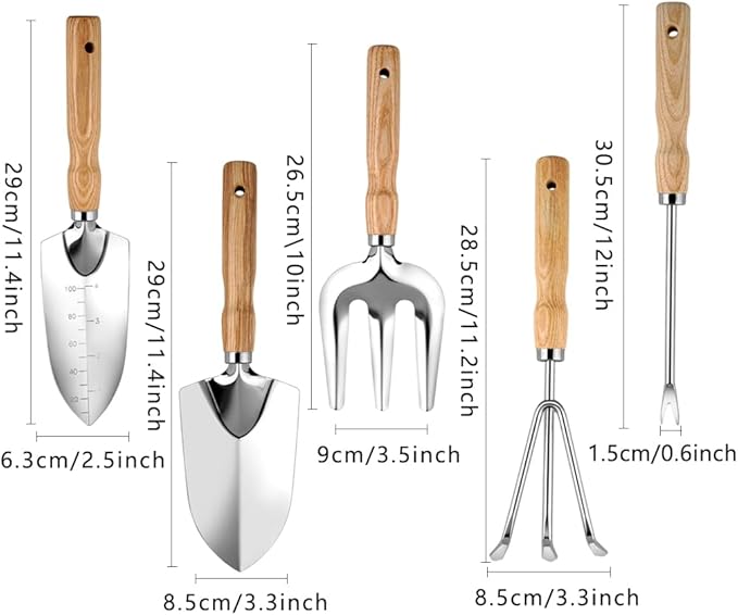 5-Piece Garden Tool Set, Heavy-Duty Rust-Resistant Stainless Steel with Ergonomic Non-Slip Wooden Handles – Durable Gardening Tools Gift, Includes Trowel, Transplanter, Hand Fork, Cultivator & Weeder