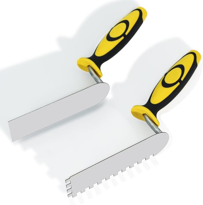 Concrete Tile Tools Set Stainless Steel Flat Plus Square-Notched Margin Trowel (Notch Size: 1/4", Overall Size 6" x 2") Stucco Cement Finishing Drywall Plastering Kit Masonry Construction Hand Tool
