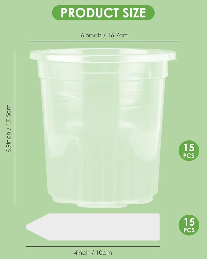 PACETAP 15Pack 6.5 Inch Reinforced Clear Nursery Pots with Drainage Holes, Thickened Plastic Plant Pots with 15 Plant Labels for Indoor Outdoor Flower Seed Starter