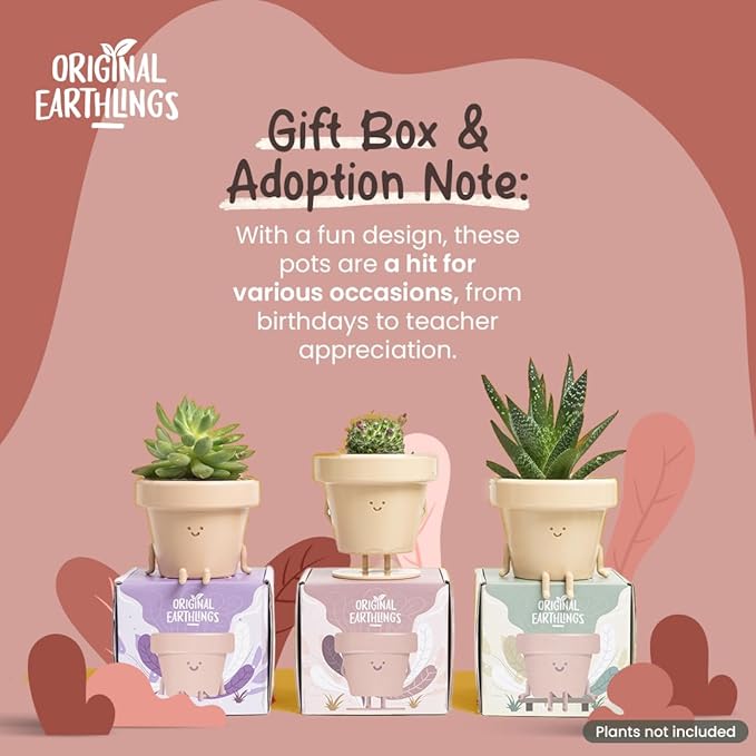 Original Earthlings Standing Pot - 4 Inch Cute Plant Pot - Plastic Funny Planter with Drainage - Unique Cactus Lover Gift - Small Succulent Face Flower Pot - Cute Plant Gifts for Plant Lovers