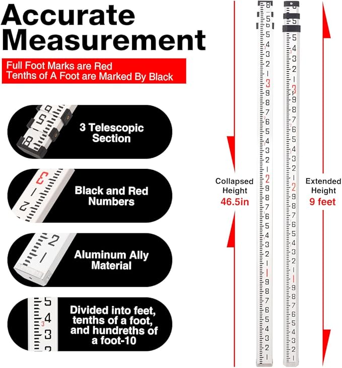 9FT Aluminum Grade Rod & Telescopic Leveling Rod - 3-Stage Survey Rod with Bubble Level, Dual-Sided Grade Stick for Laser Level, Portable Measuring Stick for Surveying