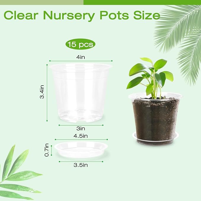 4 Inch Clear Nursery Pots with Drainage Trays, 15 Pack Plastic Pots for Plants, Clear Pot for Seed Starting, Transplanting, Succulents, and Indoor Gardening (4 inch)