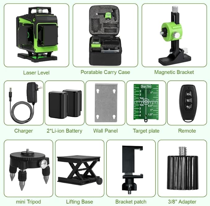 16 Line Laser Level 360 Self Leveling,Professional 4x360°Green Cross Line laser Level Tool for Construction and Picture Hanging,lazer leveler tool with 2 Batteries,Magnetic Bracket & Remote Control