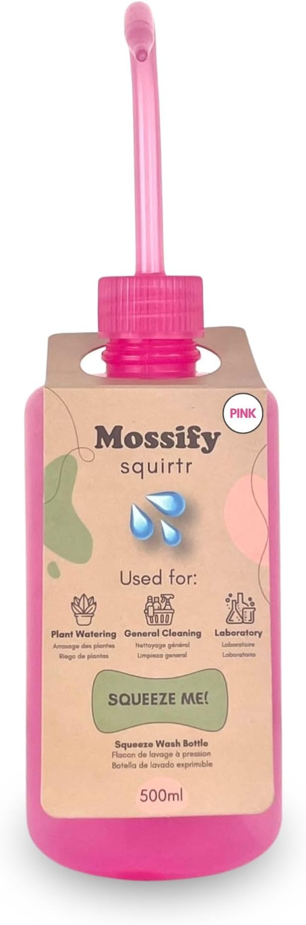 Mossify Squirtr Bottle 480ml – Clear Squirt Water Bottle for Plants, Tattoo, Hair & Labs – Easy Squeeze Plant Waterer with Long Nozzle – Refillable Seedling Watering Can, Wash Bottle - Pink
