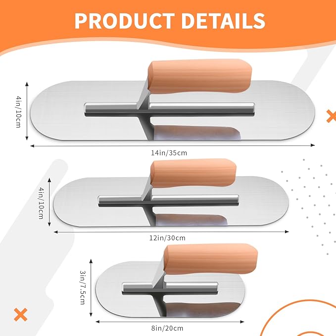 Lasnten 3 Piece Pool Trowel, Stainless Steel Finishing Masonry Trowel Set Includes 14" x 4", 12" x 4", 8" x 3", Lightweight Wooden Handle, for Drywall Concrete Cement Plastering Tool(Round Head)