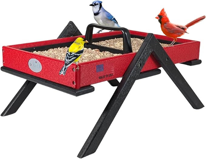 JCs Wildlife Removable Tray Ground Bird Feeder - Platform Bird Feeder - Holds 8 Cups of Seed (Large, Cardinal Red)