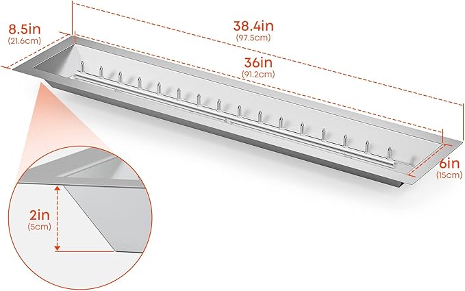 Stanbroil 36" x 6" Drop-in Fire Pit Pan with Jet Burner, Upgraded Stainless Steel Fire Table Pan for Higher Flame, 65k BTU Max, Linear