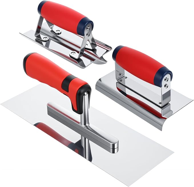 3Pcs Concrete Tools Stainless Steel Flat Finishing Trowel plus Concrete Edger and Groover Stucco Cement Kit Masonry Construction Hand Kit