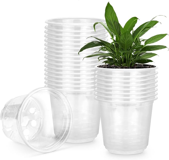 RAOOKIF 25 Pack 6 Inch Clear Nursery Pots with Drainage Holes, Flexible Plastic Nursery Pots for Plants, Reusable Garden Flower Pot, Seed Starter Pots