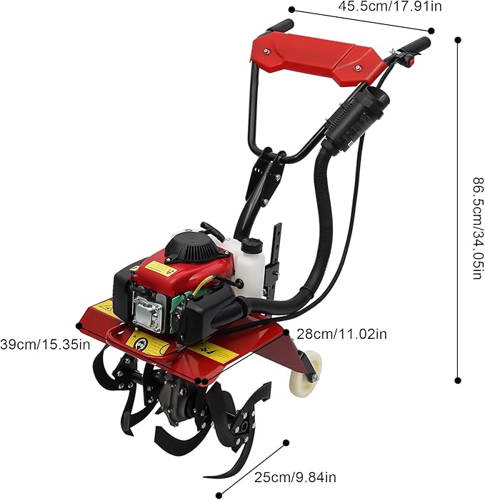 63CC Garden Tiller Cultivator, 4-Stroke Gas Powered Engine Rototiller Garden Tool with Widened Mud Flap Cordless with Long Handle Strong Power Garden Cultivator for Plowing Turning Soil Ditching