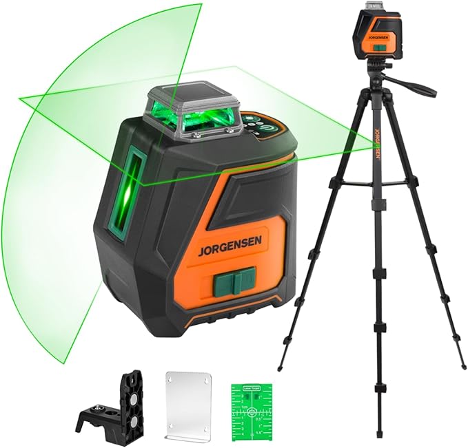 JORGENSEN 360° Laser Level with Tripod, 100 FT Rechargeable Self Leveling Cross Line Laser Leveler Tool with Magnetic Base, Wide Angle Green Laser Level for Picture Hanging, Floor Tile, Construction