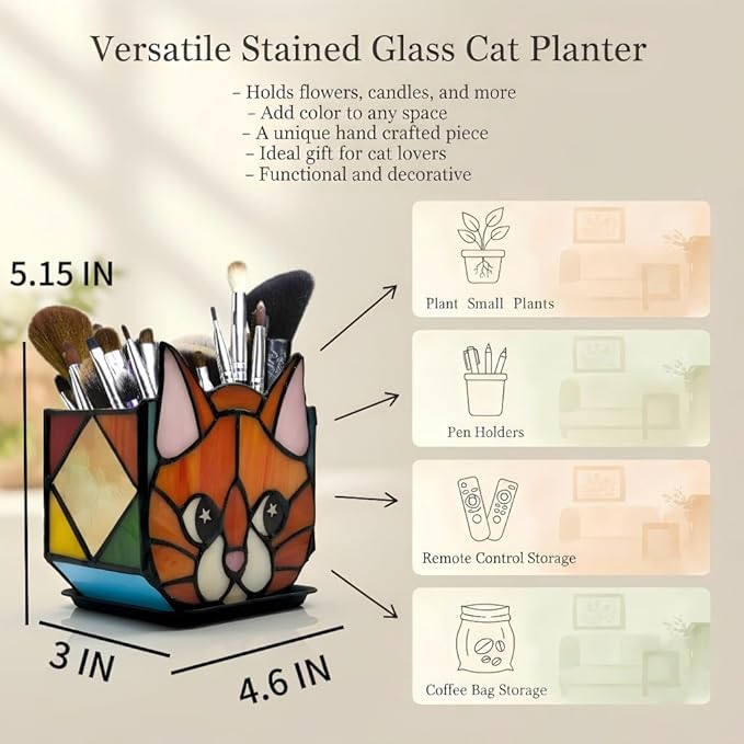 Star Orange Cat Planter, Stained Glass Flower Pot, Art Deco Style, Indoor Plant Container with Drainage Hole, 4.6x3x5.15 Inches