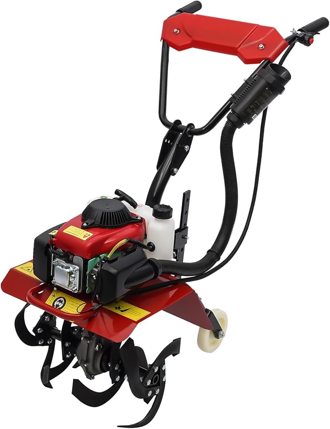 Garden Tiller Cultivator,63CC 4-Stroke Gas Powered Engine Rototiller Garden Tool with Widened Mud Flap Cordless with Long Handle Strong Power Garden Cultivator for Plowing Turning Soil Ditching