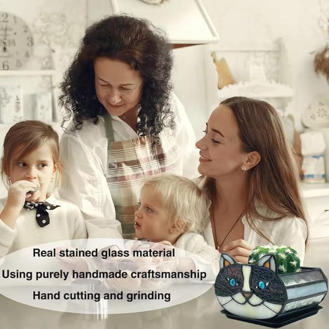 Cactus Black Cat Planter, Cute Small Stained Glass Flower Pot,Terrarium Planter for Tabletop Houseplants，Gifts for Cat Lovers 4.33x3.54x2.95 in (Flower Pot Does not Include Plants)