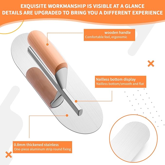 Lasnten 3 Piece Pool Trowel, Stainless Steel Finishing Masonry Trowel Set Includes 14" x 4", 12" x 4", 8" x 3", Lightweight Wooden Handle, for Drywall Concrete Cement Plastering Tool(Round Head)