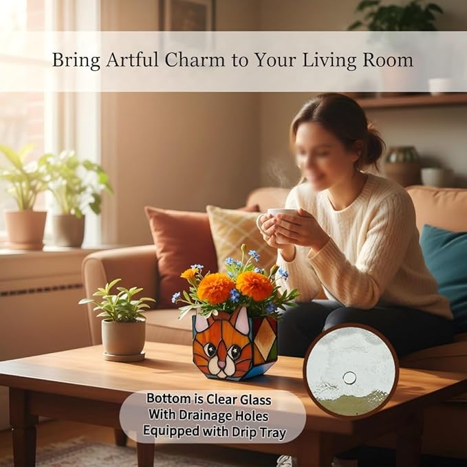 Star Orange Cat Planter, Stained Glass Flower Pot, Art Deco Style, Indoor Plant Container with Drainage Hole, 4.6x3x5.15 Inches