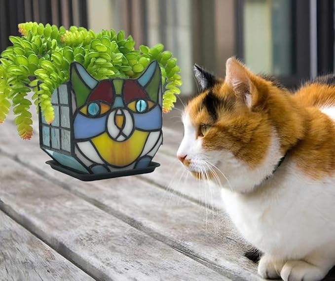 Tiffany Stained Glass Cat Planter,Indoor and Outdoor Plant Displays,Succulent Cat Pot,Plant Gifts for Women,4.6x5.15x3 in (Without Succulents)