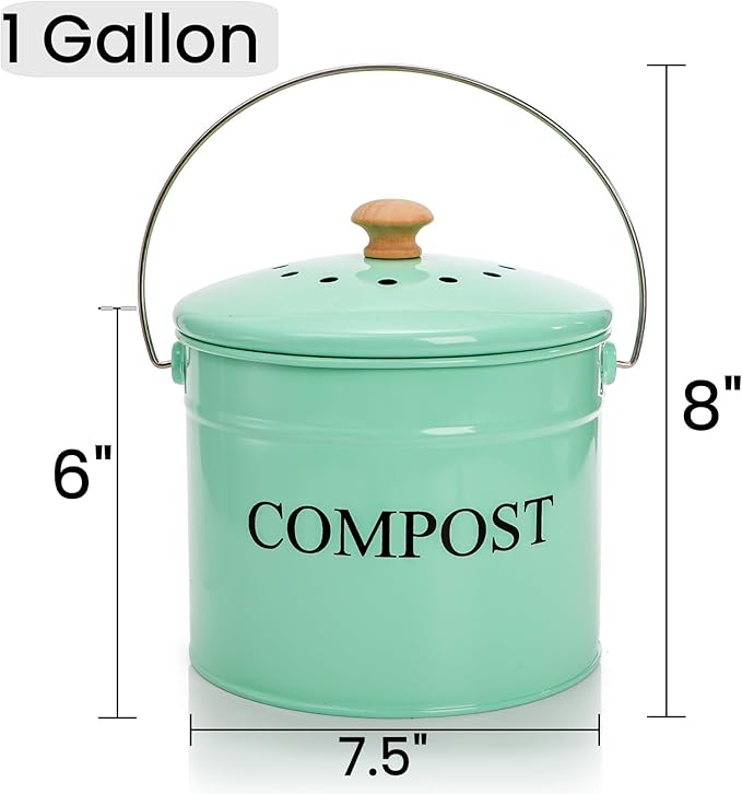 AVLA Kitchen Compost Bin, 1 Gallon Countertop Food Waste Container, Odorless Composter Bucket with Lid and Charcoal Filter, Indoor Metal Composting Pail, Mint Green