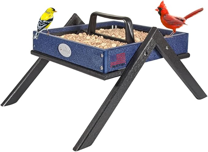 JCs Wildlife Removable Tray Ground Bird Feeder - Platform Bird Feeder - Holds 4 Cups of Seed (Medium, Blue)