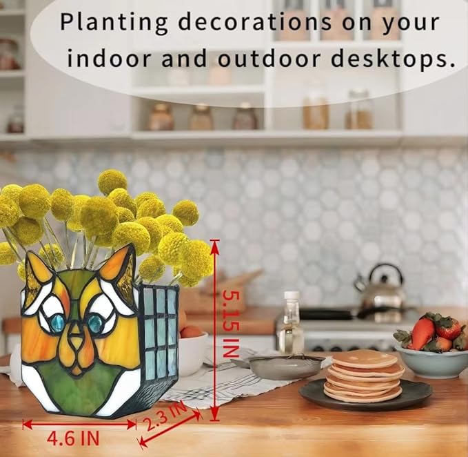 Cat Flower Pots for Indoor Plants,Stained Glass Plant Displays,Cat Succulent Planter,Candle Holder Container Decoration,4.6x5.15x2.3 in (Without Succulents)