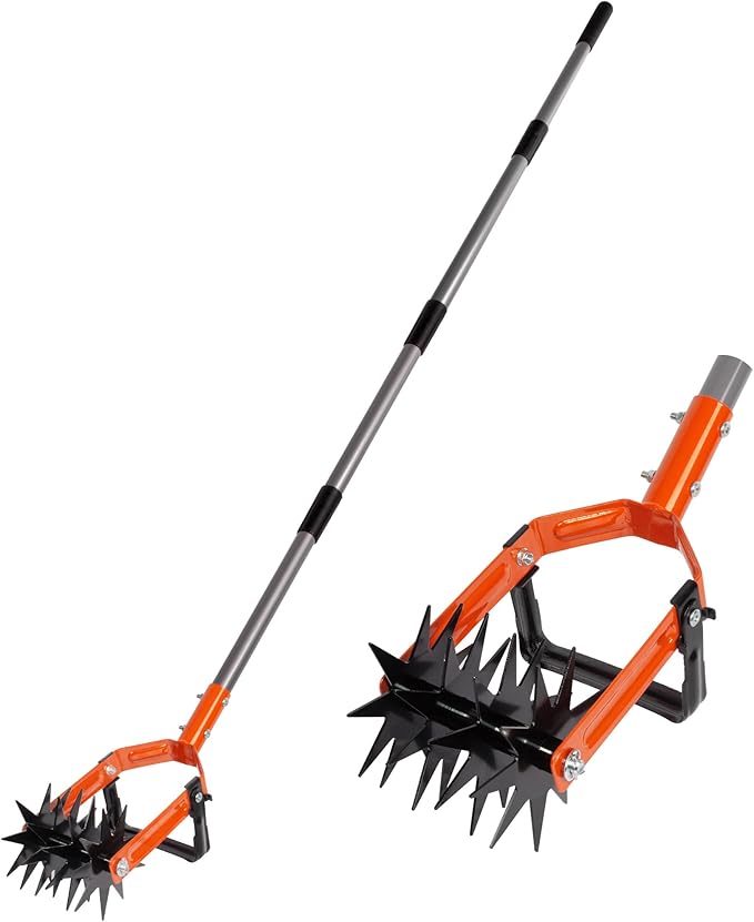 Walensee Rotary Cultivator Garden Tool, Adjustable Long Handle Hand Tiller with Star-Shaped Rolling Tines, 2-in-1 Weeder & Soil Aerator for Lawn Care, Reseeding Grass, Soil Mixing, Manual Yard Tiller