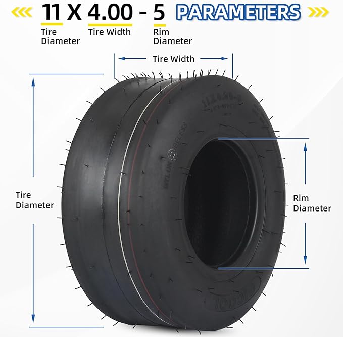 (2 Pack) 11x4.00-5 Tubeless Zero Turn Mower Tires, Riding Lawnmower Smooth Tread, 4 Ply