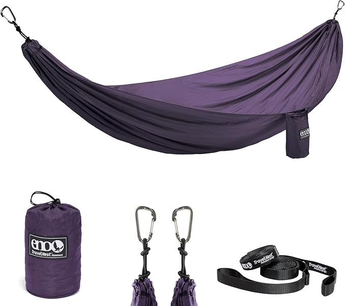 ENO TravelNest Hammock & Straps Combo - Portable Hiking and Camping Hammock with Straps Included - Travel Hammock for Camping, Hiking, Backpacking, a Festival, or The Beach + Straps Combo - Plum