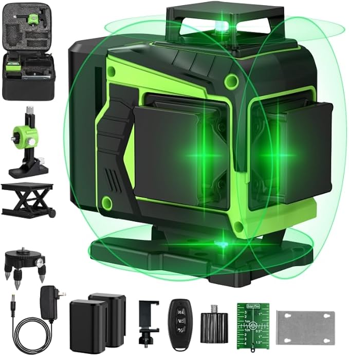 16 Line Laser Level 360 Self Leveling,Professional 4x360°Green Cross Line laser Level Tool for Construction and Picture Hanging,lazer leveler tool with 2 Batteries,Magnetic Bracket & Remote Control