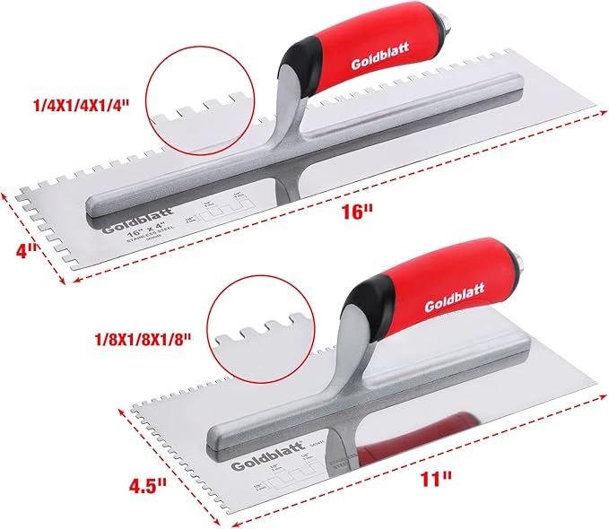 Goldblatt 2-Piece Notch Trowel Set, 1/8"X1/8" Square & 1/4"X1/4" Square, Made of Premium Stainless Steel with Soft Grip Handle, Perfect for Masonry Tile Work