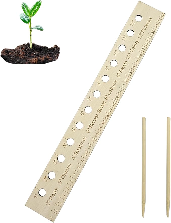 Garden Seed Spacer Planting Ruler, Precision Seed Spacer & Ruler with Holes and Plant Dibber, Wooden Measuring Tool for Seedlings, Vegetable Planting Template