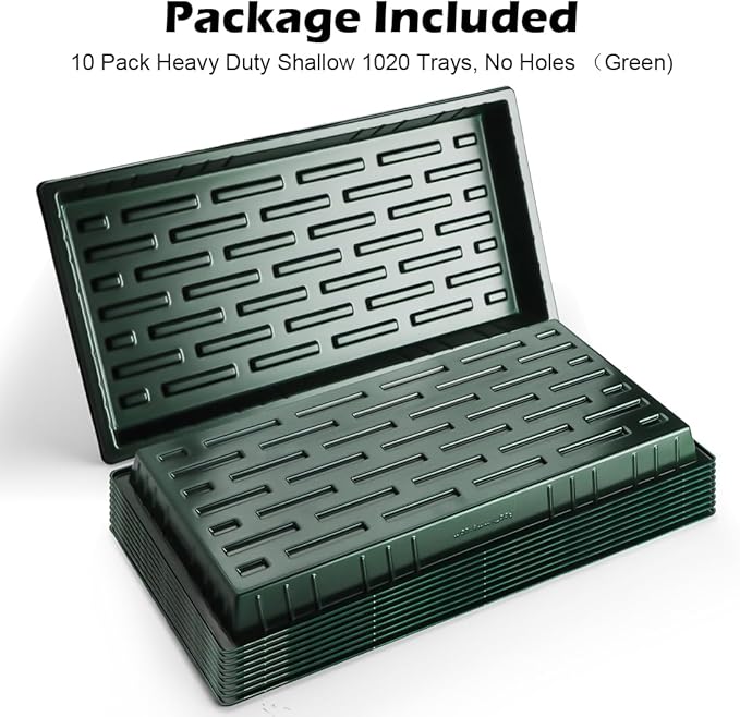 10 Pack Shallow 1020 Trays No Holes - Reusable 1.6" Deep Nursery Flats for 72/128 Cell Plug Tray, Heavy Duty Seed Starter Trays for Microgreens, Hydroponics & Seed Germination (Dark Green)