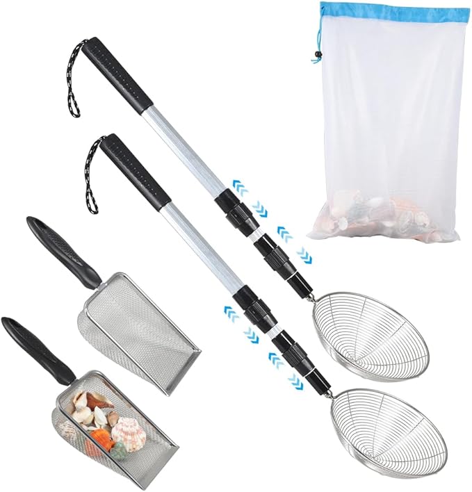 Beach Sand Sifter, 2 Beach Sifting Sand Telescoping Pole Sets with Scoops, Baskets, Mesh Bag, for Picking Up Shells Shovels Shark Teeth
