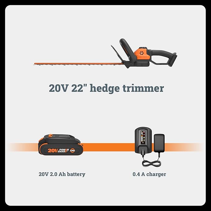 WORX WG261 22" 20V Cordless Hedge Trimmer, Battery & Charger Included