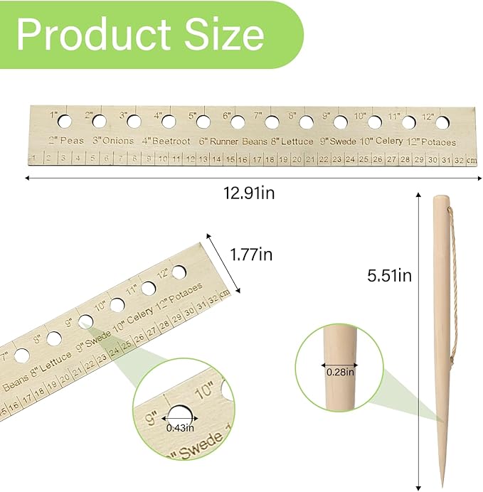 Garden Seed Spacer Planting Ruler, Precision Seed Spacer & Ruler with Holes and Plant Dibber, Wooden Measuring Tool for Seedlings, Vegetable Planting Template