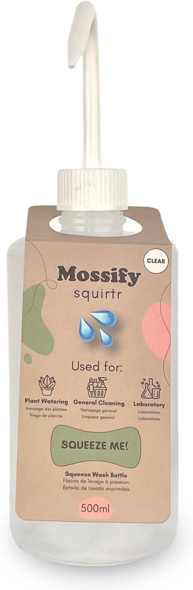 Mossify Squirtr Bottle 480ml – Clear Squirt Water Bottle for Plants, Tattoo, Hair & Labs – Easy Squeeze Plant Waterer with Long Nozzle – Refillable Seedling Watering Can, Wash Bottle - Clear