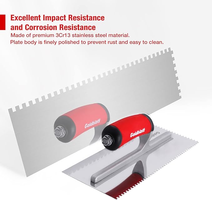 Goldblatt 2-Piece Notch Trowel Set, 1/8"X1/8" Square & 1/4"X1/4" Square, Made of Premium Stainless Steel with Soft Grip Handle, Perfect for Masonry Tile Work