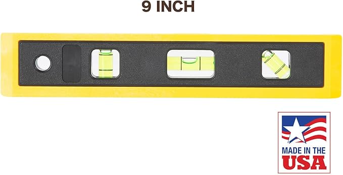Mayes 10792 Professional Torpedo Level, Made in USA, 9" Magnetic Level for Pipe and Conduit Alignment, V-Groove Edge with 3 Vials and Pocket-Safe Design