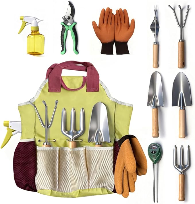 10-Piece Premium Gardening Tools Set-Duty Stainless Steel Rust-Proof Tools with Storage Tote,Perfect Gardening Gifts,Gardening Supplies Set with Hygrometer Suitable for Both Men and Women(Pink)
