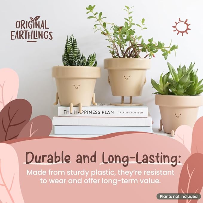 Original Earthlings Standing Pot - 4 Inch Cute Plant Pot - Plastic Funny Planter with Drainage - Unique Cactus Lover Gift - Small Succulent Face Flower Pot - Cute Plant Gifts for Plant Lovers