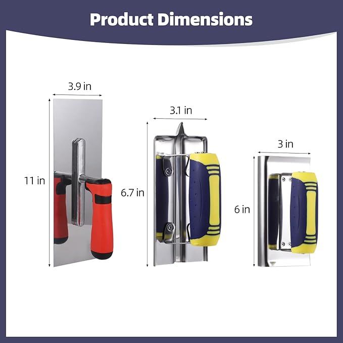 3 PCS Stainless Steel Concrete Trowels, Includes Flat Trowel, Concrete Edger, Concrete Groover, Ergonomic Non-Slip Handle, Suitable for Cement, Mortar, Plaster, Masonry Finishing Work