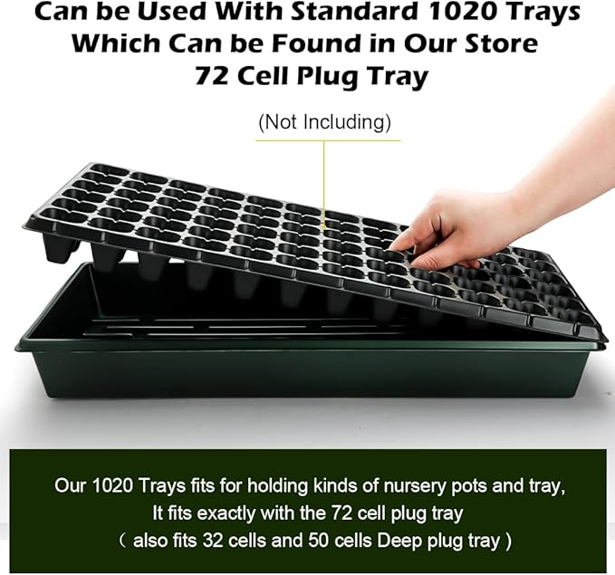10 Pack 1020 Trays No Holes-Reusable Nursery Flats for 50/72 Cell Plug Tray, Heavy Duty Seed Starter Trays for Transplant, Seed Starting, Plant Propagation & Seed Germination (Dark Green)